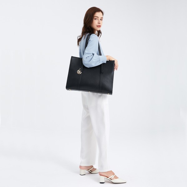 LG2056 - Miss Lulu Structured PU Leather Top Handle Tote Bag - Black