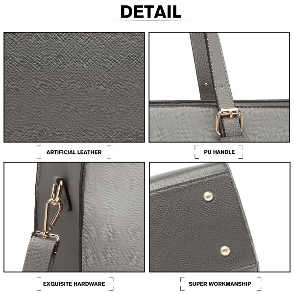 LG2056 - Miss Lulu Structured PU Leather Top Handle Tote Bag - Grey LG2056 - Miss Lulu Structured PU Leather Top Handle Tote Bag - Grey