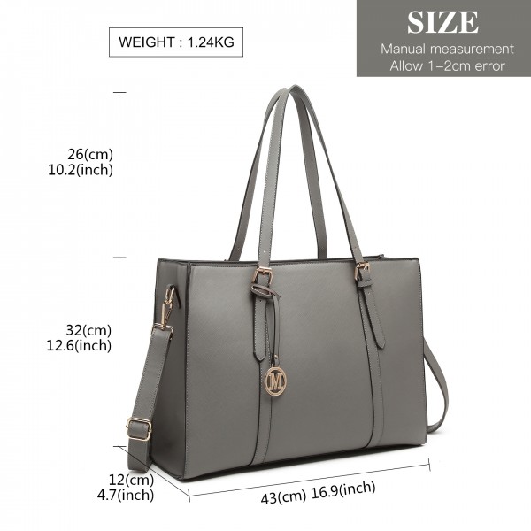 LG2056 - Miss Lulu Structured PU Leather Top Handle Tote Bag - Grey LG2056 - Miss Lulu Structured PU Leather Top Handle Tote Bag - Grey