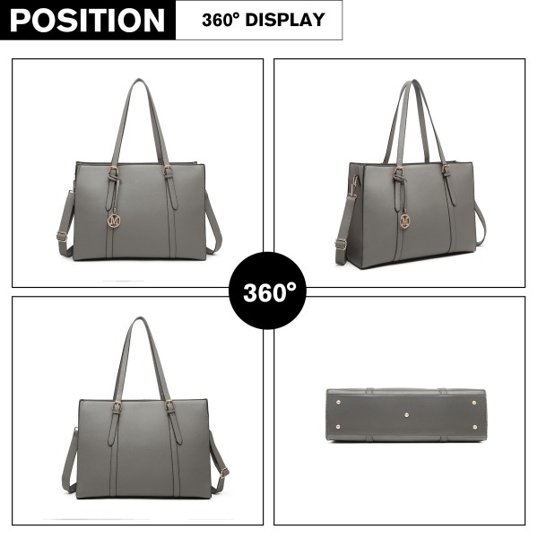 LG2056 - Miss Lulu Structured PU Leather Top Handle Tote Bag - Grey LG2056 - Miss Lulu Structured PU Leather Top Handle Tote Bag - Grey