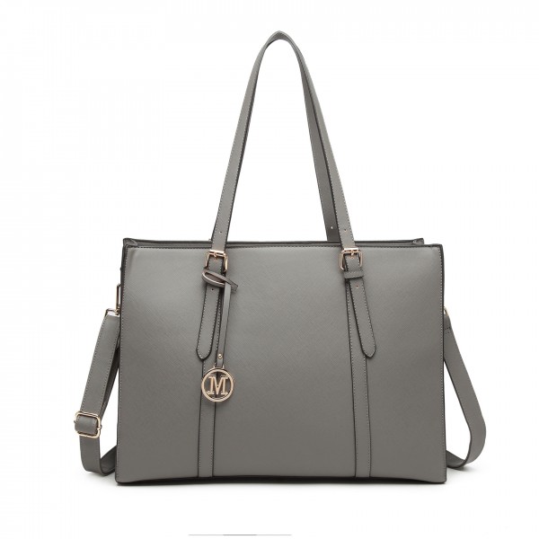 LG2056 - Miss Lulu Structured PU Leather Top Handle Tote Bag - Grey