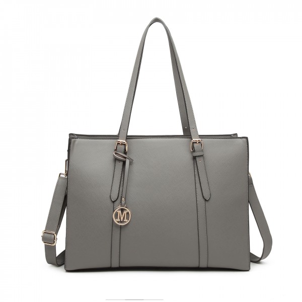 LG2056 - Miss Lulu Structured PU Leather Top Handle Tote Bag - Grey LG2056 - Miss Lulu Structured PU Leather Top Handle Tote Bag - Grey