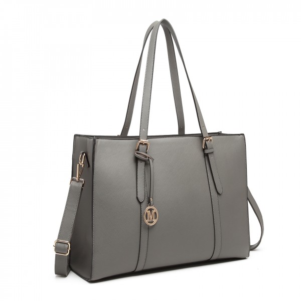 LG2056 - Miss Lulu Structured PU Leather Top Handle Tote Bag - Grey LG2056 - Miss Lulu Structured PU Leather Top Handle Tote Bag - Grey