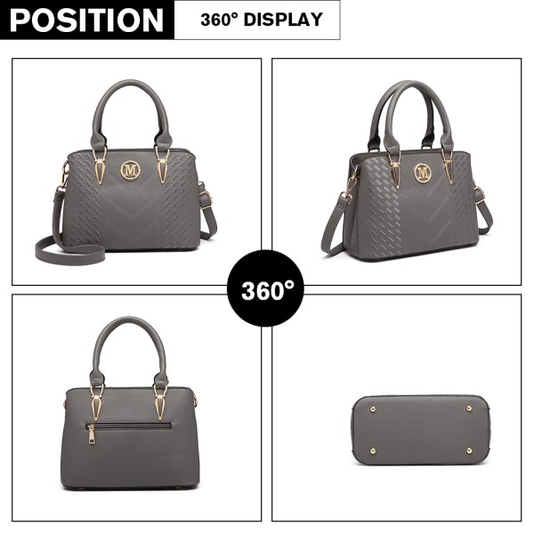 LG6865 - Miss Lulu Schultertasche in Leder-Optik mit Flechteffekt - Grau