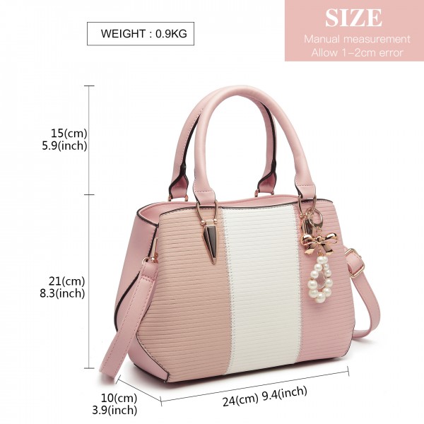LG6866 - Miss Lulu Handtasche mit Schleifenanhänger und Farbblock in Lederoptik - Rosa
