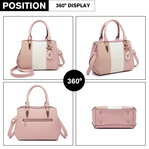 LG6866 - Miss Lulu Handtasche mit Schleifenanhänger und Farbblock in Lederoptik - Rosa