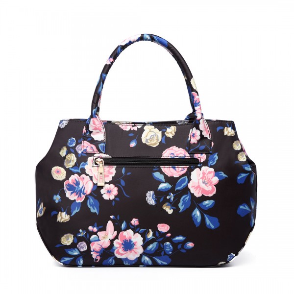 LH1633-17F - Miss Lulu Structured Matte Oilcloth Shoulder Bag Flower Print Midnight Blue