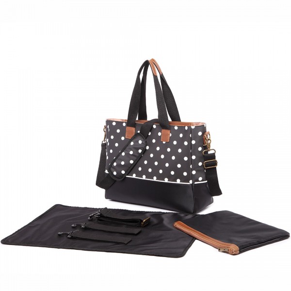 LH1655D2 - Miss Lulu Matte Oilcloth Maternity Baby Changing Bag Polka Dot Black LH1655D2 - Miss Lulu Matte Oilcloth Maternity Baby Changing Bag Polka Dot Black