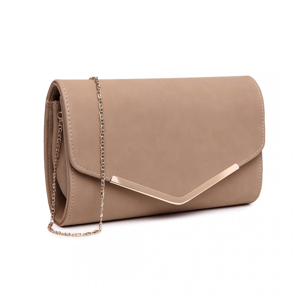 LH1756 BG - Miss Lulu Leather Look Envelope Clutch Bag Beige