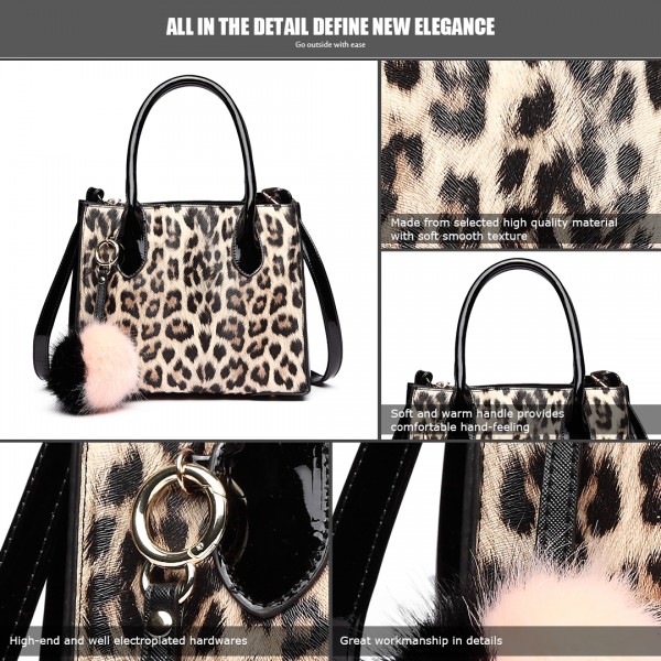LH1759P-MISS LULU PU LEATHER POMPOM LEOPARD Pattern Handbags 
