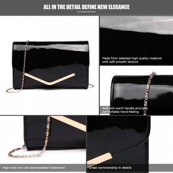 LH1809-Miss Lulu Patent leather Envelope Clutch Bag Black
