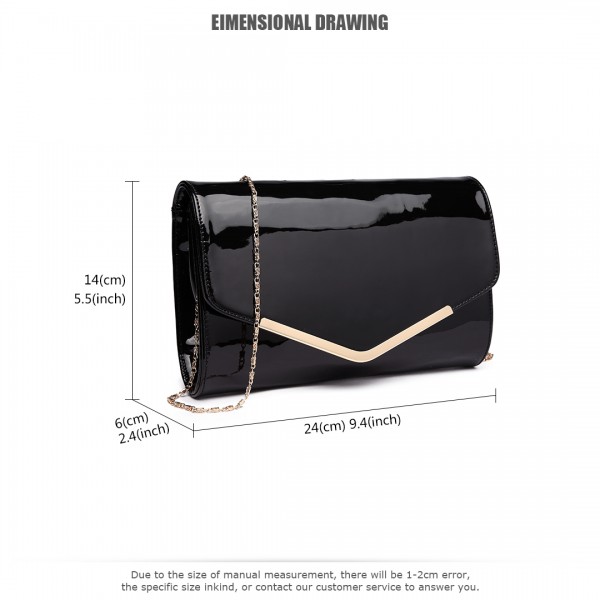 LH1809-Miss Lulu Patent leather Envelope Clutch Bag Black