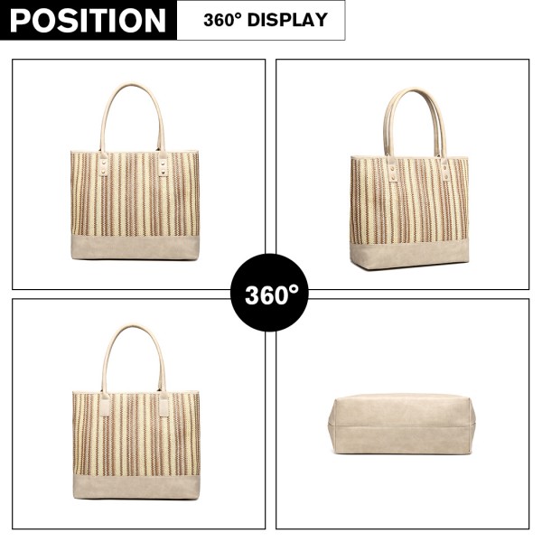 LH2009 - Miss Lulu Leather Look Woven Design Tote Bag - Beige