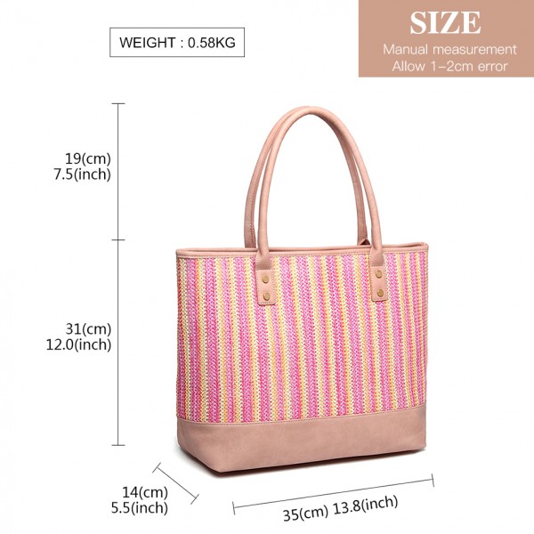 LH2009 - Miss Lulu Leather Look Woven Design Tote Bag - Pink