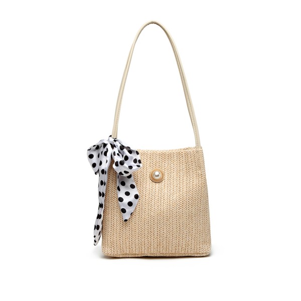 LH2010 - Miss Lulu Gewebtes Stroh Design Schultertasche mit Tupfenschal - Beige