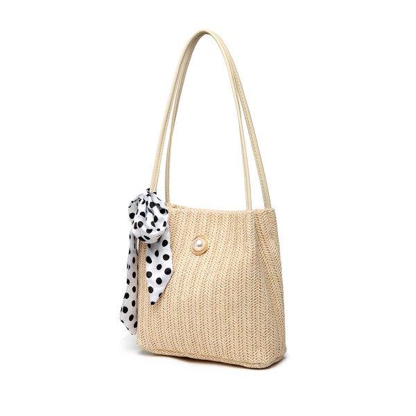 LH2010 Miss Lulu Woven Straw Design Shoulder Bag with Polka Dot Scarf