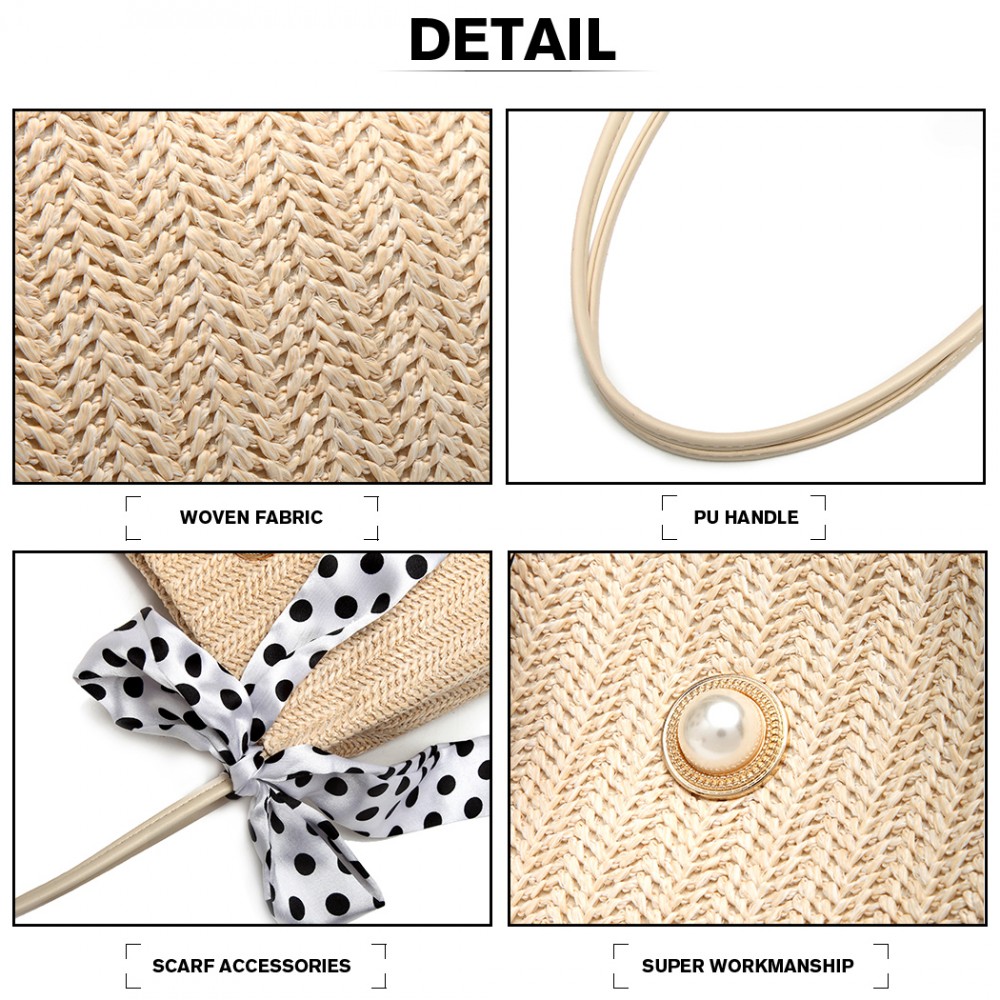 LH2010 Miss Lulu Woven Straw Design Shoulder Bag with Polka Dot Scarf