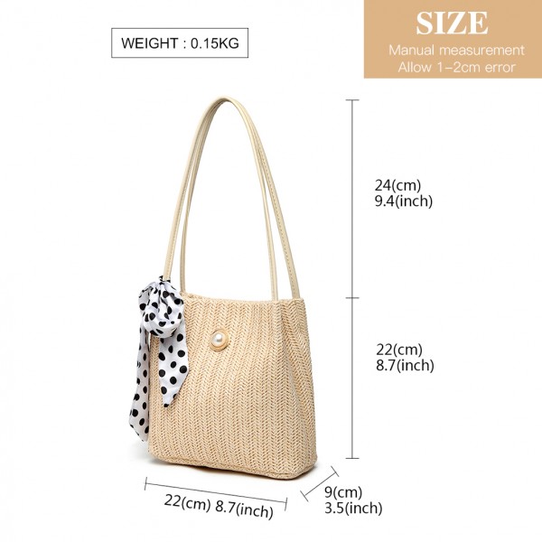 LH2010 - Miss Lulu Gewebtes Stroh Design Schultertasche mit Tupfenschal - Beige
