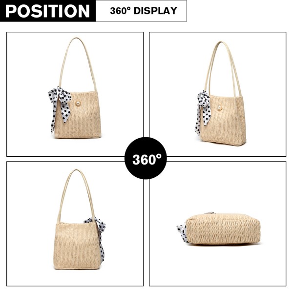 LH2010 - Miss Lulu Gewebtes Stroh Design Schultertasche mit Tupfenschal - Beige