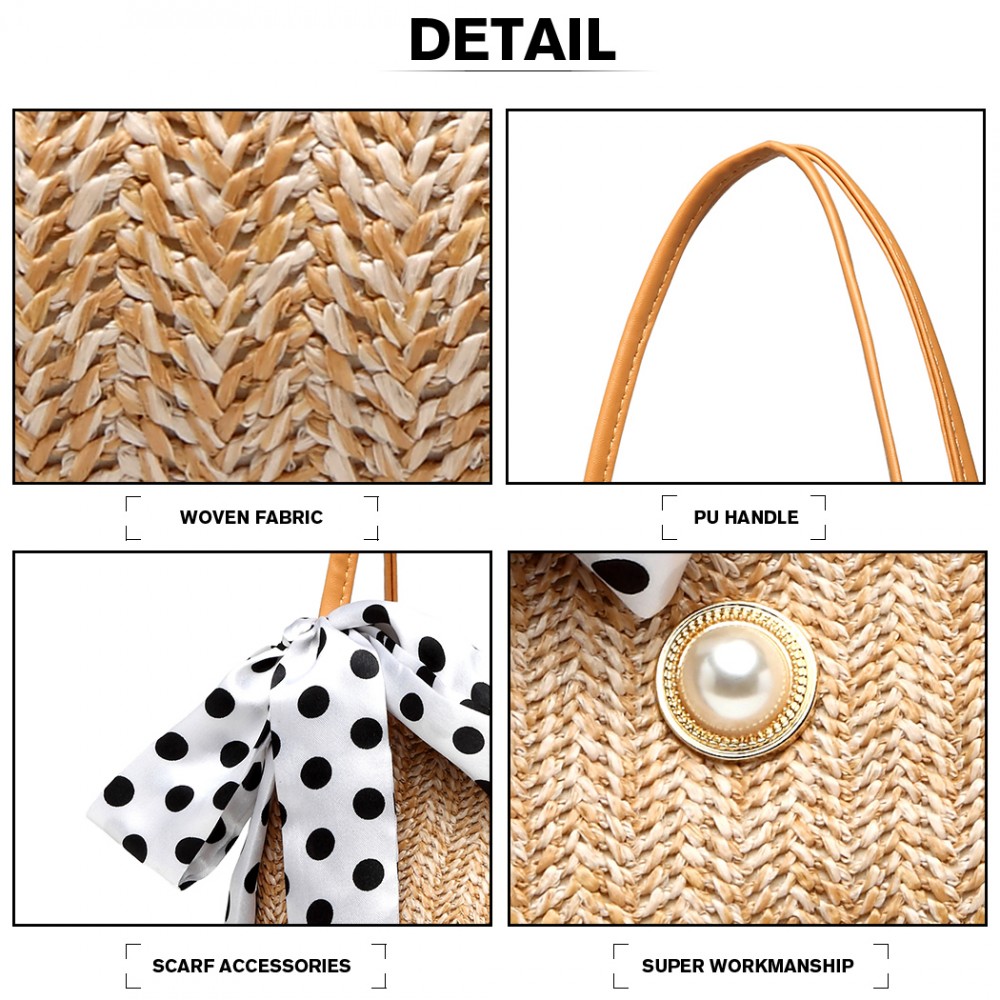LH2010 Miss Lulu Woven Straw Design Shoulder Bag with Polka Dot Scarf
