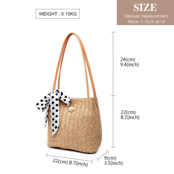 LH2010 - Miss Lulu Gewebtes Stroh Design Schultertasche mit Tupfenschal - Khaki LH2010 - Miss Lulu Gewebtes Stroh Design Schultertasche mit Tupfenschal - Khaki