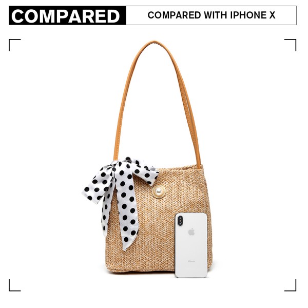 LH2010 - Miss Lulu Gewebtes Stroh Design Schultertasche mit Tupfenschal - Khaki LH2010 - Miss Lulu Gewebtes Stroh Design Schultertasche mit Tupfenschal - Khaki