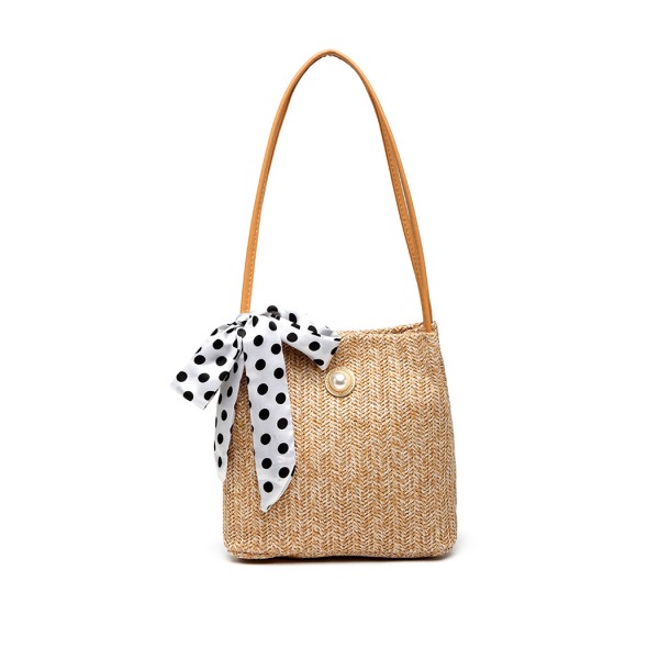 LH2010 - Miss Lulu Gewebtes Stroh Design Schultertasche mit Tupfenschal - Khaki LH2010 - Miss Lulu Gewebtes Stroh Design Schultertasche mit Tupfenschal - Khaki