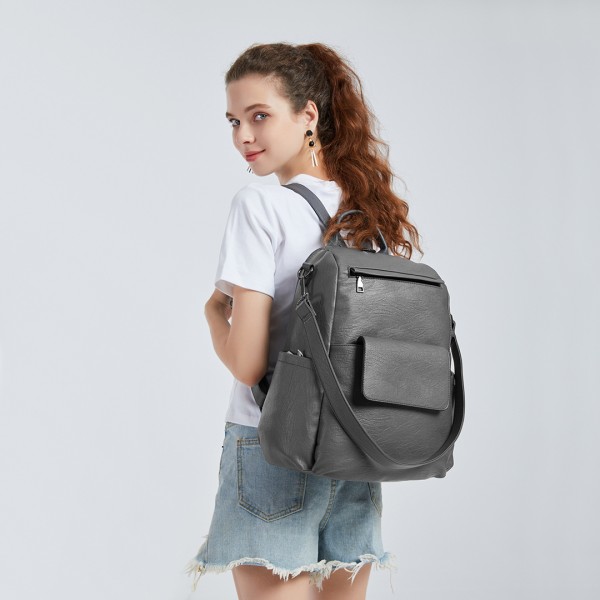 LH2012 - Miss Lulu Large Leather Look Backpack - Grey