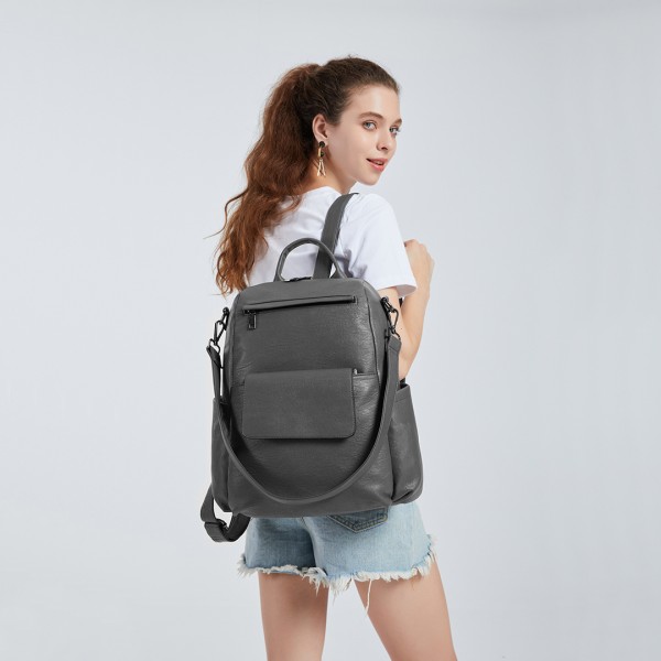 LH2012 - Miss Lulu Large Leather Look Backpack - Grey