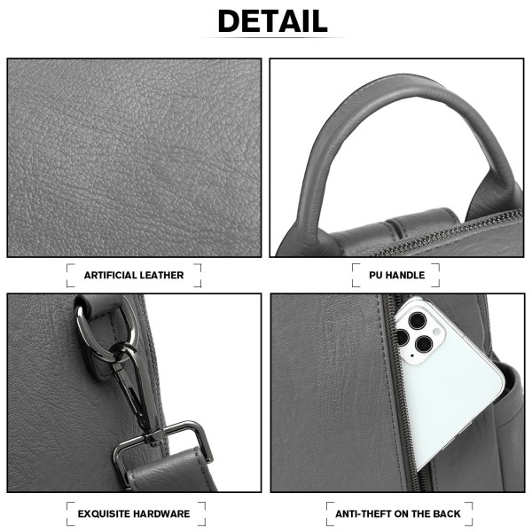 LH2012 - Miss Lulu Large Leather Look Backpack - Grey
