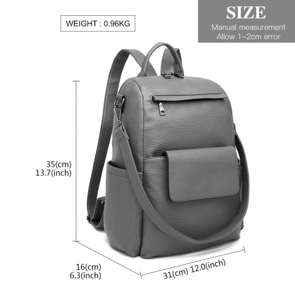 LH2012 - Miss Lulu Large Leather Look Backpack - Grey