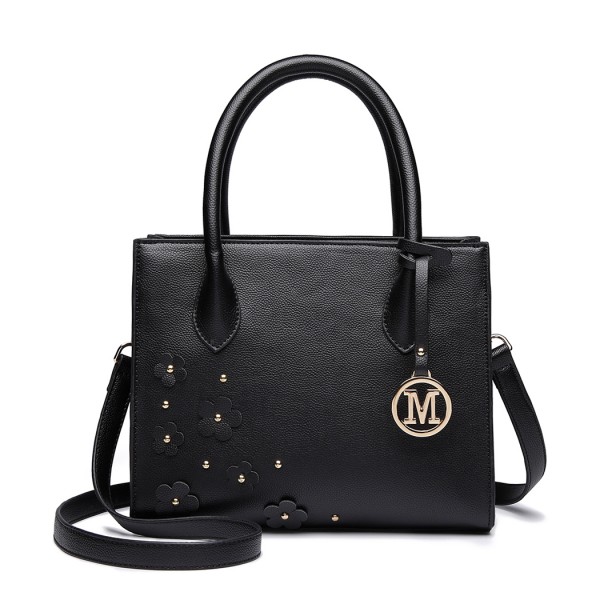 LH6809 - Miss Lulu Embellished Flower Leather Look Handbag - Black LH6809 - Miss Lulu Embellished Flower Leather Look Handbag - Black