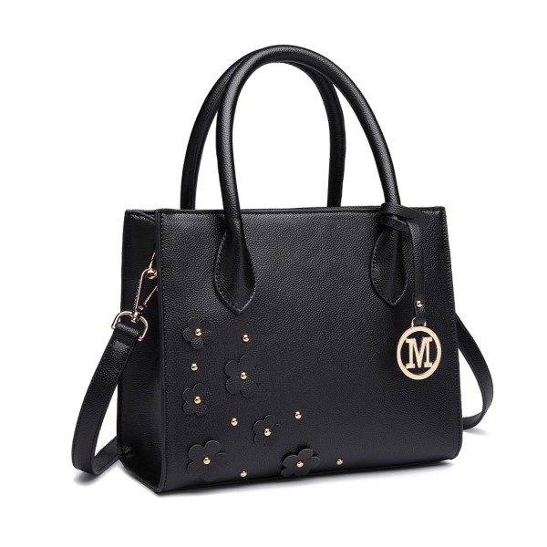 LH6809 - Miss Lulu Embellished Flower Leather Look Handbag - Black LH6809 - Miss Lulu Embellished Flower Leather Look Handbag - Black