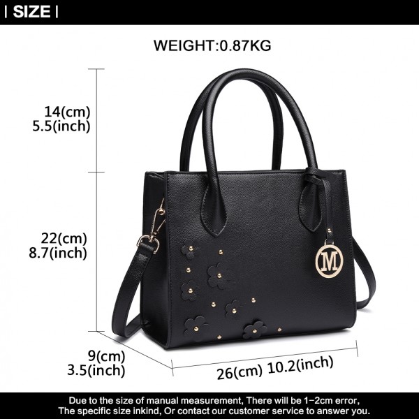 LH6809 - Miss Lulu Embellished Flower Leather Look Handbag - Black LH6809 - Miss Lulu Embellished Flower Leather Look Handbag - Black