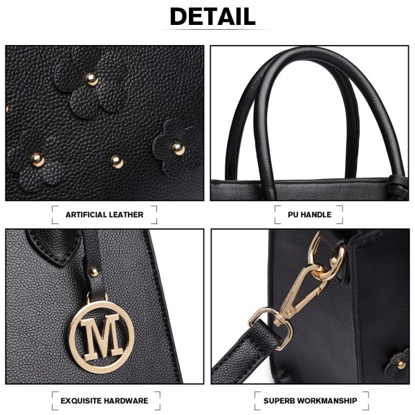 LH6809 - Miss Lulu Embellished Flower Leather Look Handbag - Black LH6809 - Miss Lulu Embellished Flower Leather Look Handbag - Black