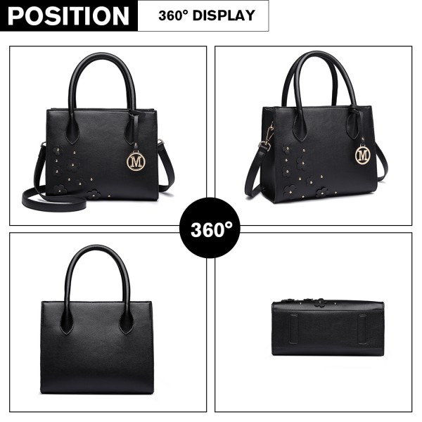 LH6809 - Miss Lulu Embellished Flower Leather Look Handbag - Black LH6809 - Miss Lulu Embellished Flower Leather Look Handbag - Black