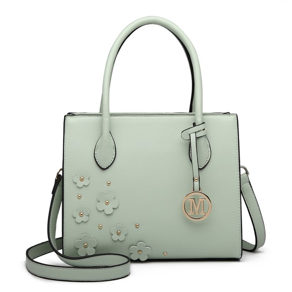 LH6809 - Miss Lulu Embellished Flower Leather Look Handbag - Green LH6809 - Miss Lulu Embellished Flower Leather Look Handbag - Green