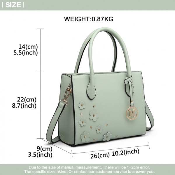 LH6809 - Miss Lulu Embellished Flower Leather Look Handbag - Green LH6809 - Miss Lulu Embellished Flower Leather Look Handbag - Green