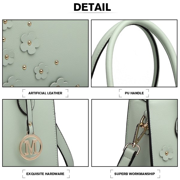 LH6809 - Miss Lulu Embellished Flower Leather Look Handbag - Green LH6809 - Miss Lulu Embellished Flower Leather Look Handbag - Green