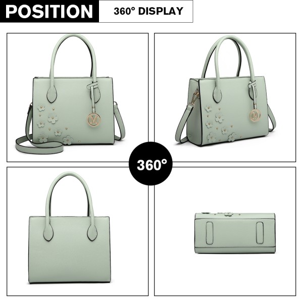 LH6809 - Miss Lulu Embellished Flower Leather Look Handbag - Green LH6809 - Miss Lulu Embellished Flower Leather Look Handbag - Green