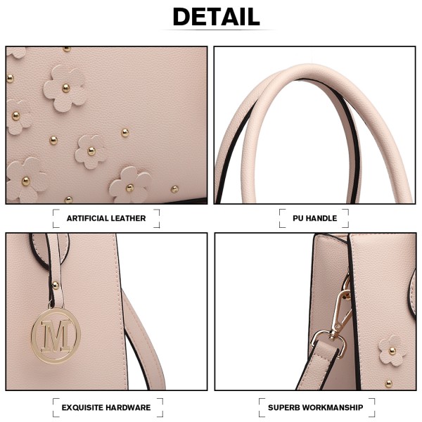 LH6809 - Miss Lulu Embellished Flower Leather Look Handbag - Nude LH6809 - Miss Lulu Embellished Flower Leather Look Handbag - Nude