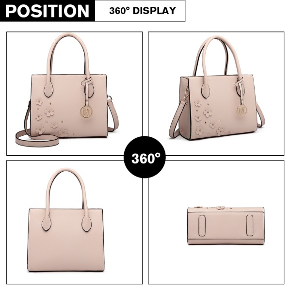 LH6809 - Miss Lulu Embellished Flower Leather Look Handbag - Nude LH6809 - Miss Lulu Embellished Flower Leather Look Handbag - Nude