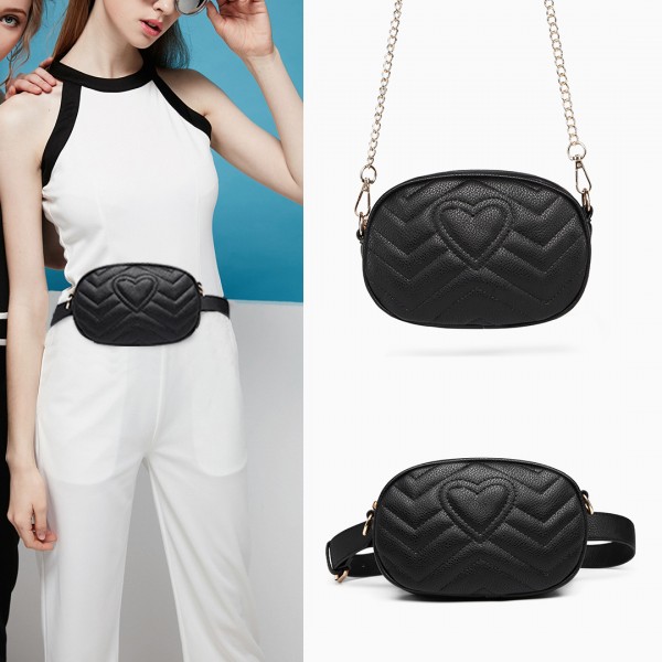 LH6834 - Miss Lulu Quilted Heart and Chevron Cross Body and Bum Bag - Black