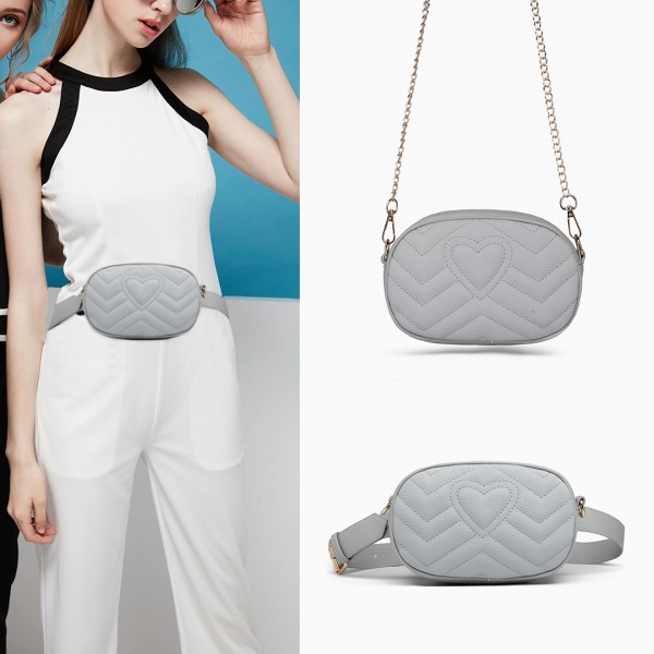 LH6834 - Miss Lulu Quilted Heart and Chevron Cross Body and Bum Bag - Grey