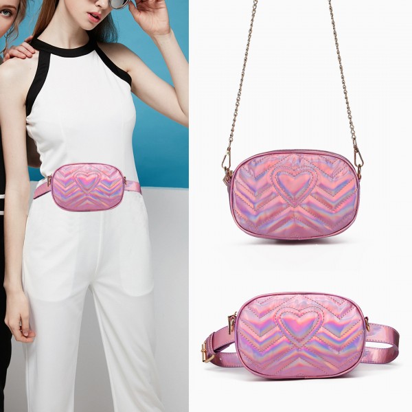 LH6834 - Miss Lulu Quilted Heart and Chevron Cross Body and Bum Bag - Iridescent Pink