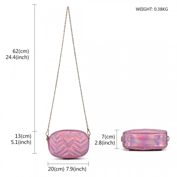 LH6834 - Miss Lulu Quilted Heart and Chevron Cross Body and Bum Bag - Iridescent Pink