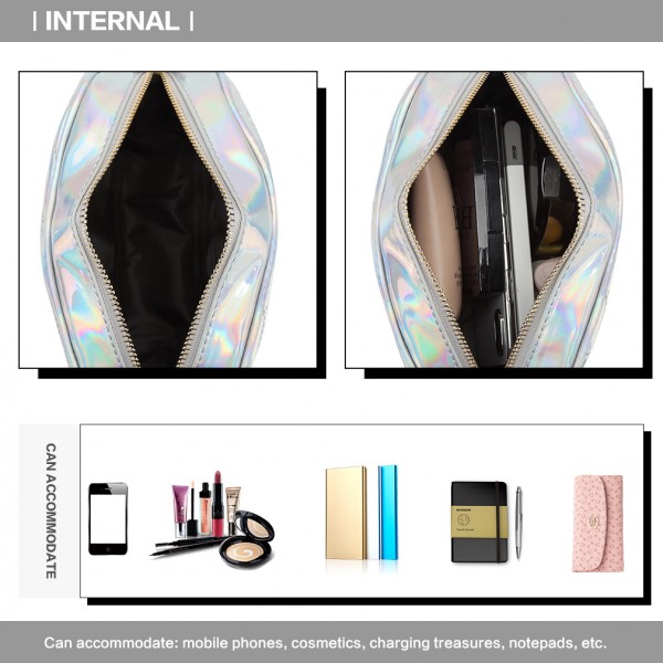 LH6834 - Miss Lulu Quilted Heart and Chevron Cross Body and Bum Bag - Iridescent Silver