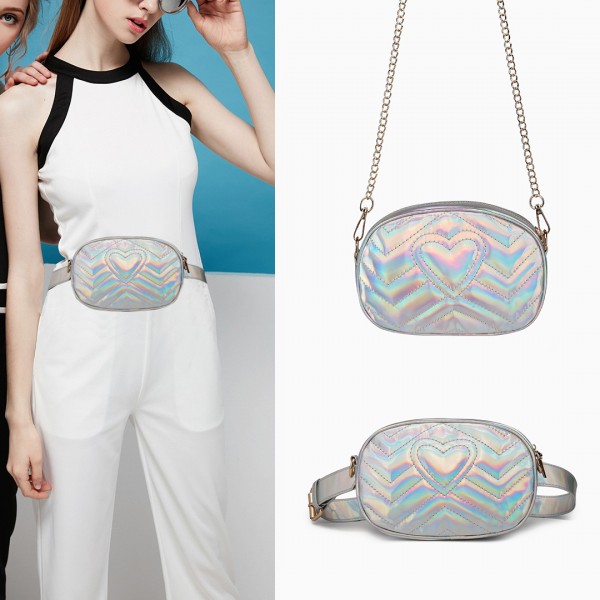 LH6834 - Miss Lulu Quilted Heart and Chevron Cross Body and Bum Bag - Iridescent Silver