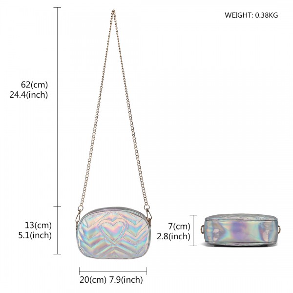 LH6834 - Miss Lulu Quilted Heart and Chevron Cross Body and Bum Bag - Iridescent Silver