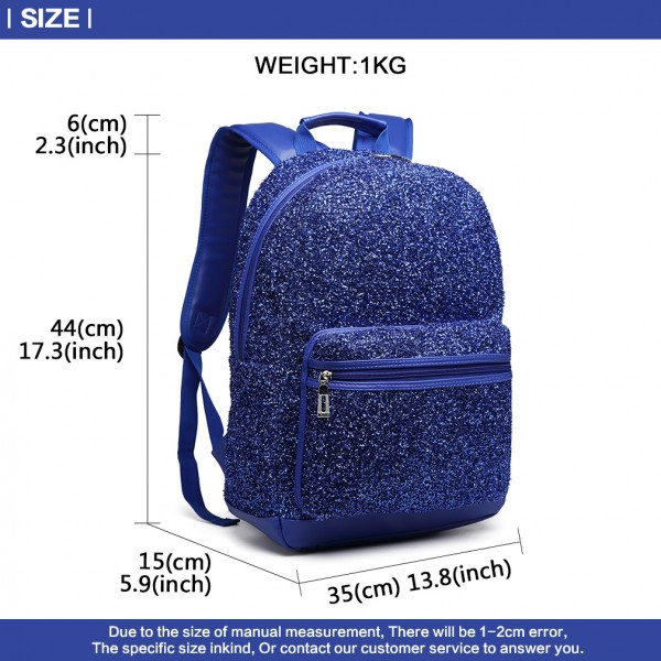 LH6842-MISS LULU GLITTER FASHION BACKPACK FRONT POCKET  RUCKSACK BLUE